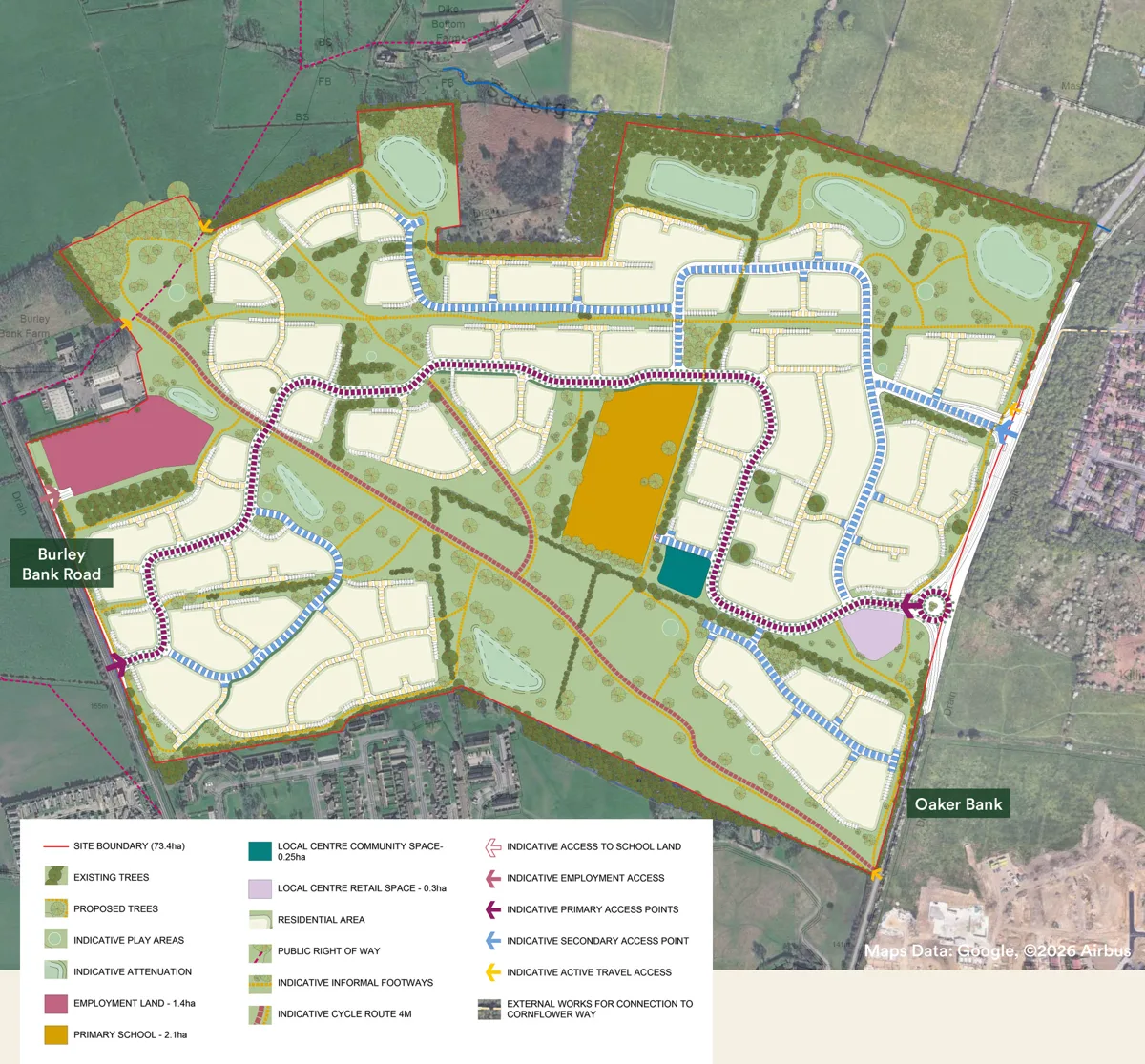 Hallam Land's indicative masterplan for Burley Bank, showing housing parcels, a 2.1 hectare primary school site in the middle, 1.4 hectares of employment land by Burley Bank Road, a local centre and roundabout on Oaker Bank, ponds, and a public right of way crossing the site.