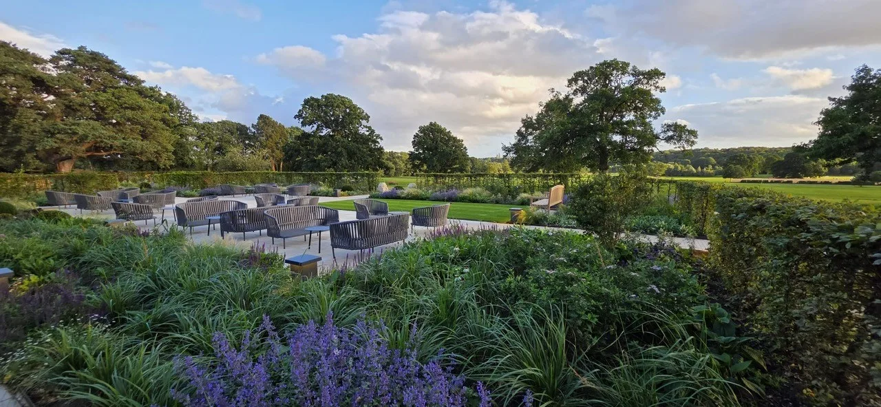 A paved terrace with outdoor sofas and chairs, surrounded by beds of purple flowers and grasses, with clipped hedging and mature trees beyond