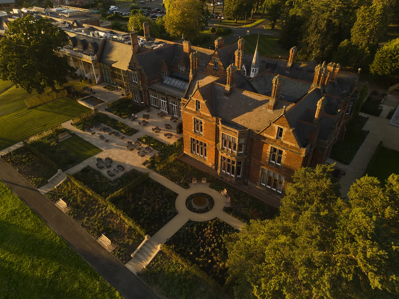 Aerial view of Rockliffe's main buildings and the newly planted gardens beside them