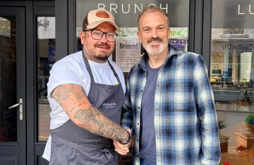 Sir Julian Smith shaking hands with Iain Wilkinson outside Storehouse Kitchen in Ripon