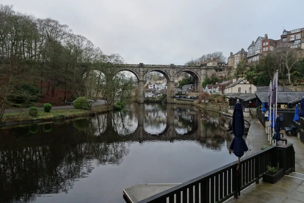 The River Nidd from Waterside, Knaresborough, looking towards the railway viaduct