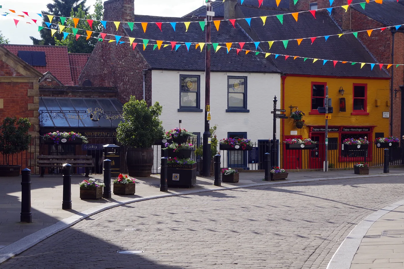 The bottom of Kirkgate, Ripon, where the pedestrian zone begins.